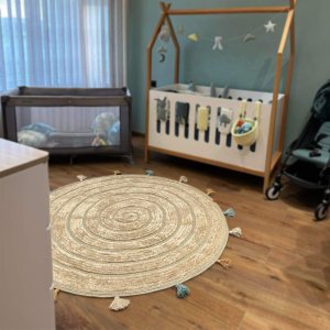 tapis canri pour chambre enfant forme ronde en beige et bleu